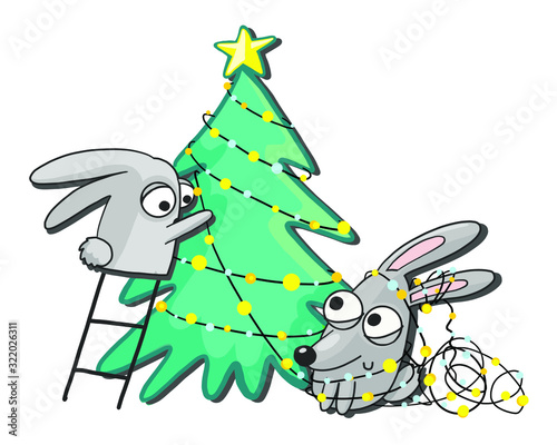 vector illustration cute rabbits, bunnies decorate the Christmas tree for the new year, prepare gifts. Cute bunnies