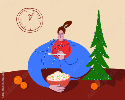 vector greeting card holiday table, woman eating salad, single woman on holiday, celebrating new year