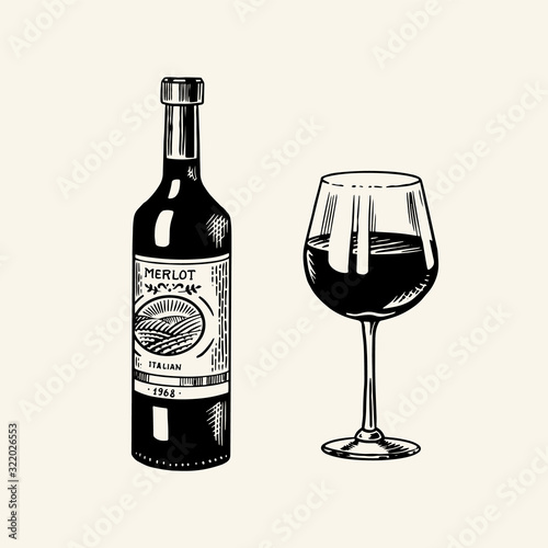 Glass of red wine and glass bottle still life. Alcoholic drink or sparkling champagne. Hand Drawn engraved vintage sketch for bar, restaurant menu.