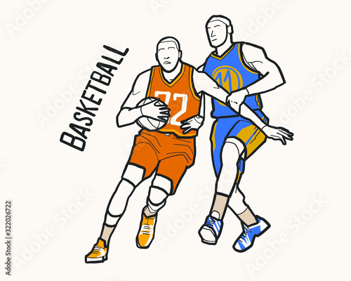 vector illustration, outline. athletes basketball players play ball, competition, game, championship. Illustration for logo, sticker, poster, form