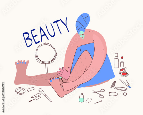 vector illustration of a girl preparing for a holiday, induces beauty, takes care of yourself in a beauty salon, doing a pedicure, manicure and makeup. Spa salon facial care