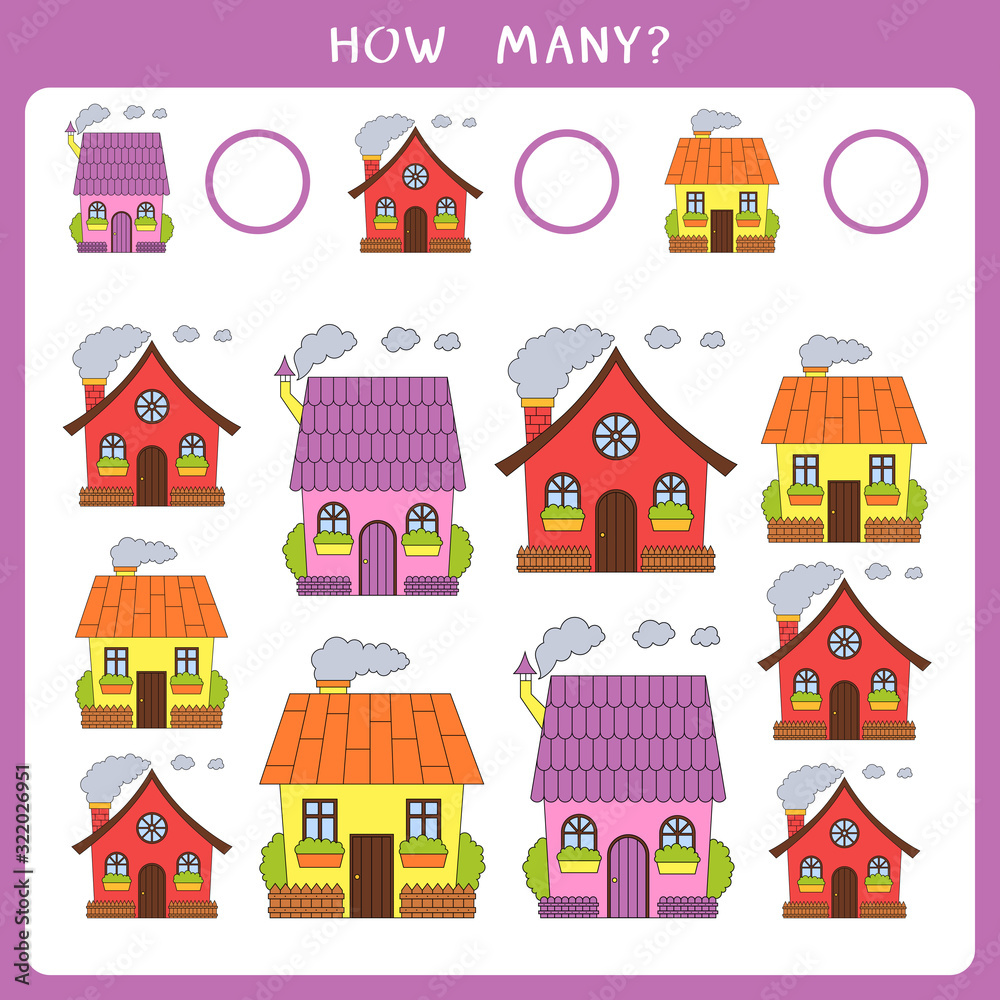 Educational math game for kids. Count how many houses and write the result