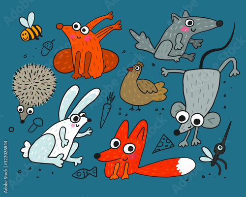 vector image, a set of vector wild animals in the forest. Illustration of cartoon animal characters for books and postcards