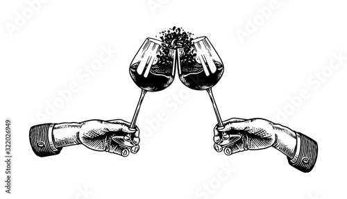 Cheers toast and clink glasses of wine in hand. Celebration concept. Red grape alcoholic drink. Vintage badge. Splashing alcohol Template Label. Semi sweet dry drink. Drawn engraved.