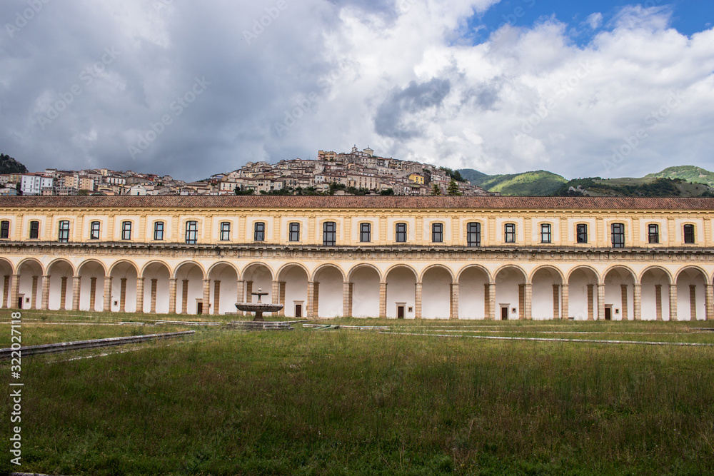 Padula, Salerno, Campania, Italy - May 21, 2017: Big Cloister in the Certosa di San Lorenzo