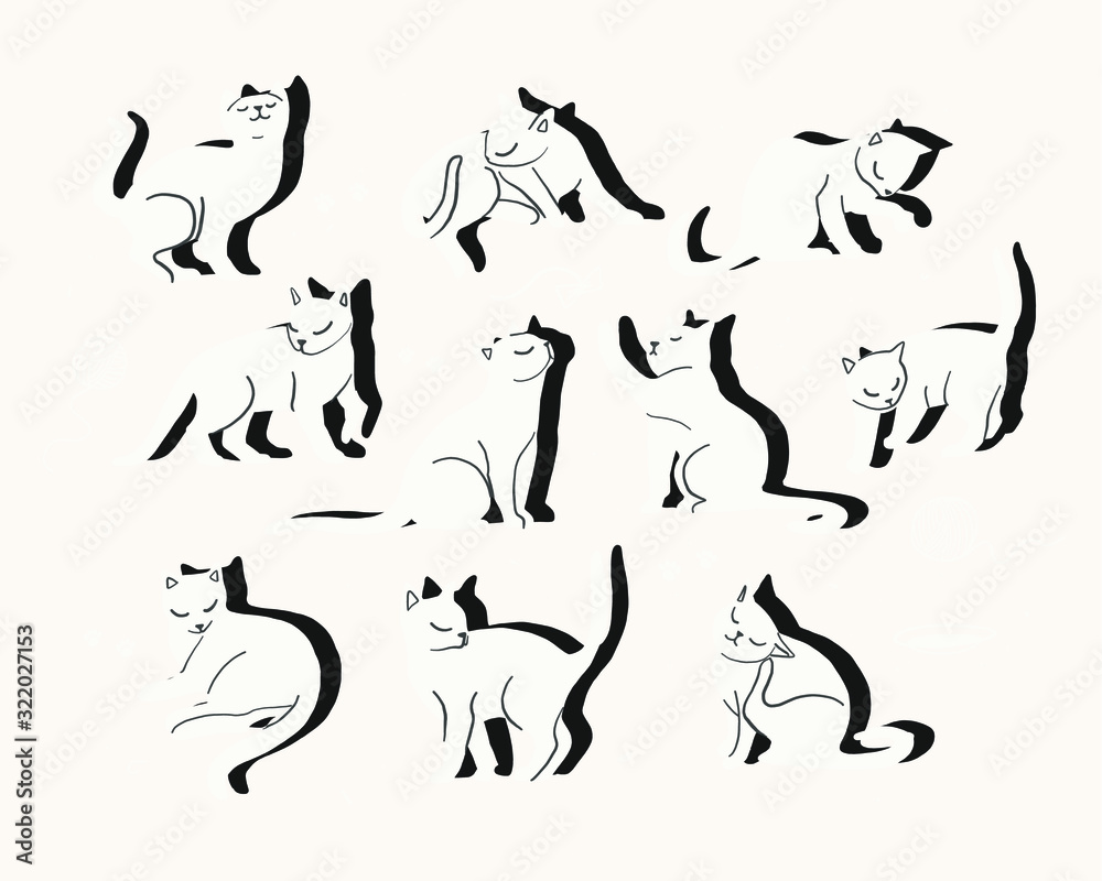 vector illustration of a set of black cats in different poses. mood character cats, cat stickers with toys and shadows