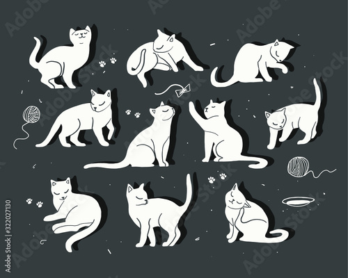 vector illustration of a set of black cats in different poses. character cats, cat stickers with toys and shadows