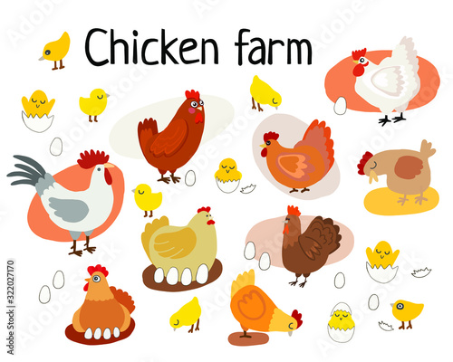vector illustration of a cartoon chicken farm stylization. Rooster, hens and chickens in an egg. counting chickens and roosters, different poses of chickens
