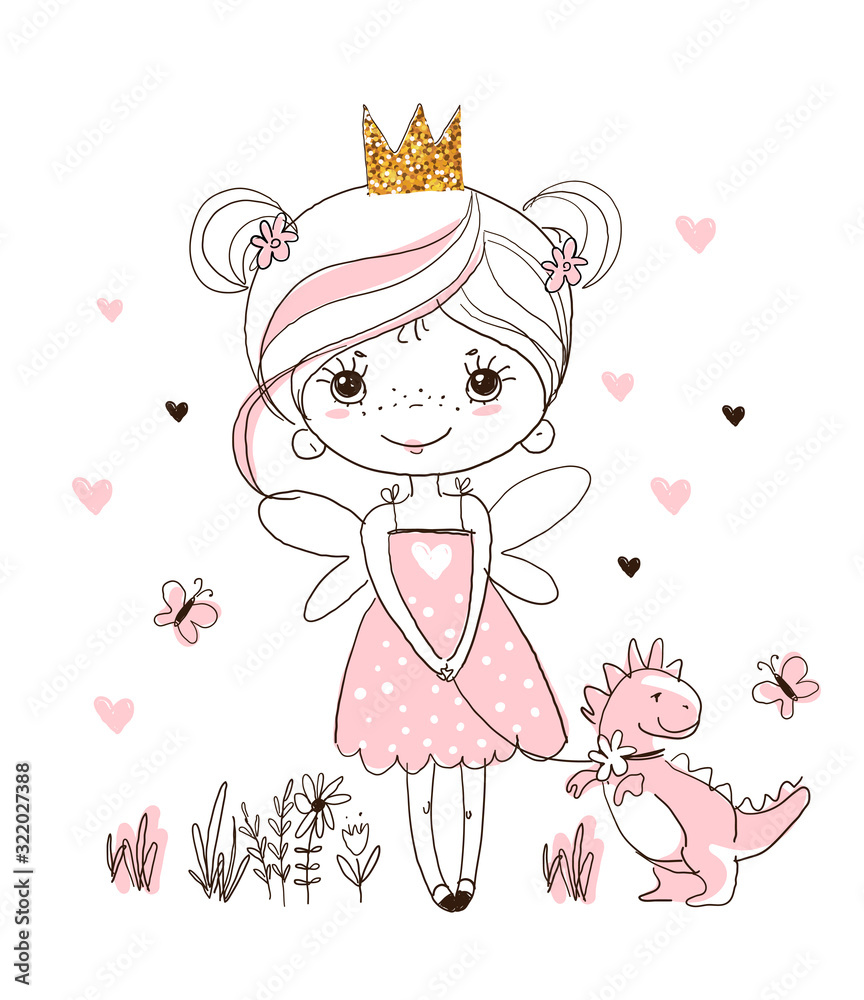 A cute little princess is walking with a home dinosaur. Hand drawn simple doodle illustration. Character for baby shower, birthday, invitation. Vector A cute little princess is walking with a home dinosaur. Hand drawn simple doodle illustration. Character for baby shower, birthday, invitation. Vector