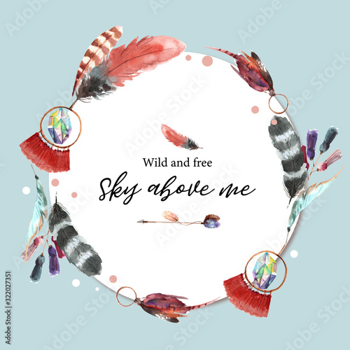 Bohemian wreath design with feather, crystal watercolor illustration,