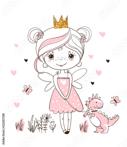 A cute little princess is walking with a home dinosaur. Hand drawn simple doodle illustration. Character for baby shower, birthday, invitation. Vector