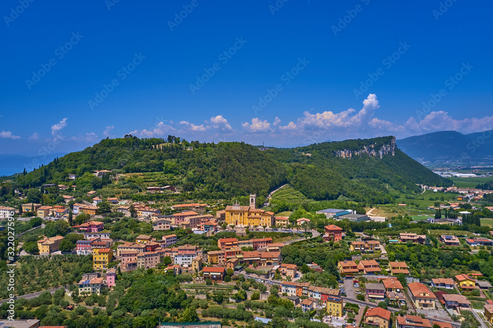 Aerial view, Parish of San Giovanni Battista, city Cavaion Veronese, Italy	