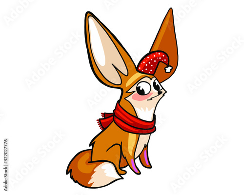 vector illustration, Christmas card, Christmas Fox with big ears, Fox Fenech in a hat for Christmas, for your holiday cards and websites