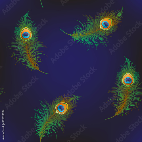 Peacock feathers Seamless pattern, background. Colored vector illustration on dark blue background