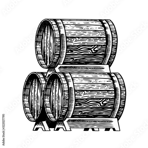 Wooden barrel with alcohol. Vessel with wine, brandy or whiskey. Cask in vintage style. Hand Drawn engraved sketch for bar, restaurant menu, banner or poster.