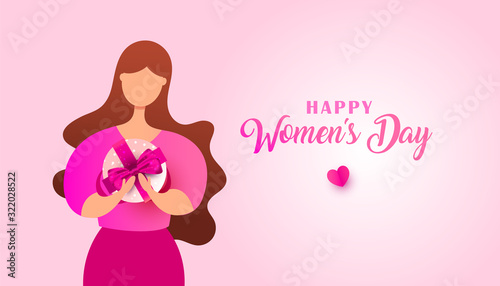 Women day banner desig nof young woman surprise box with a gift.