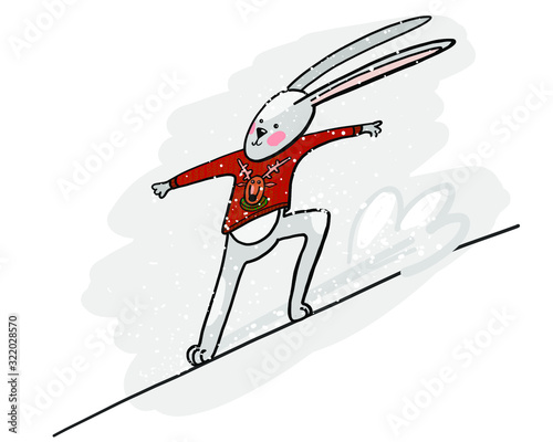 vector illustration for postcards for new year, Christmas, winter sports, fun. Funny rabbit sportsman, white hare