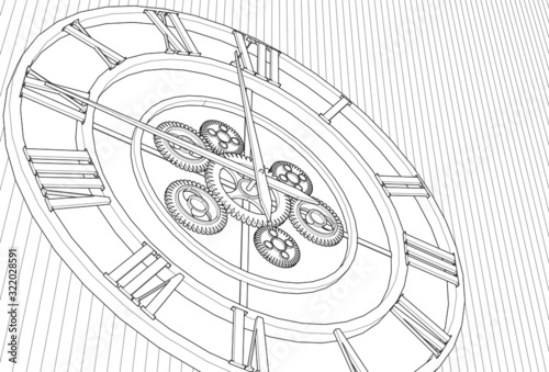 clock, mechanism, sketch, 3d illustration