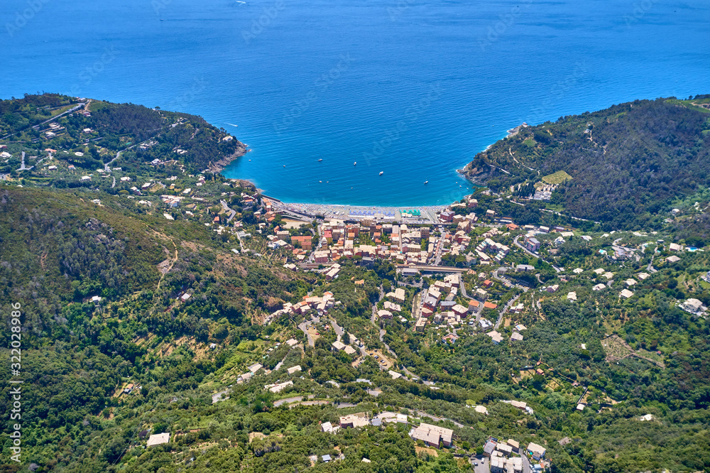 Aerial photography with drone. Panoramic view of the Ligurian coast. The resort town of Bonassola Spezia, Italy.