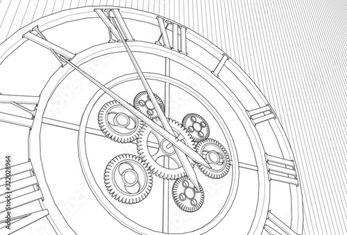 clock, mechanism, sketch, 3d illustration