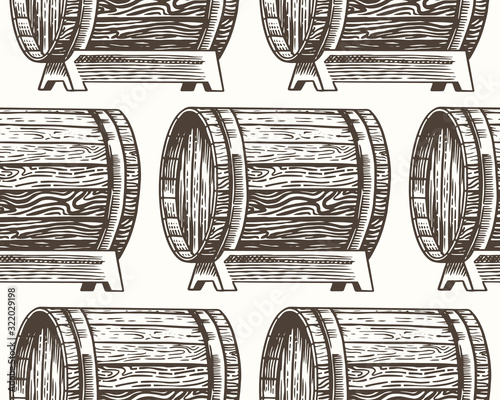 Wooden oak barrels of aged wine or beer. Seamless pattern. Vessels and kegs with alcohol brandy or whiskey. Vintage Cask background. Hand Drawn engraved sketch for bar menu, banner or poster