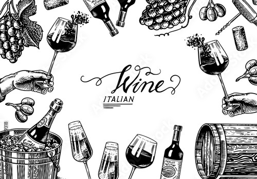 Wine background template. Alcoholic drink in the hand. Sparkling wine champagne, bottle and glass, wooden barrel. Grapes Olives Cork. Drawn engraved sketch for bar, restaurant menu banner or poster.