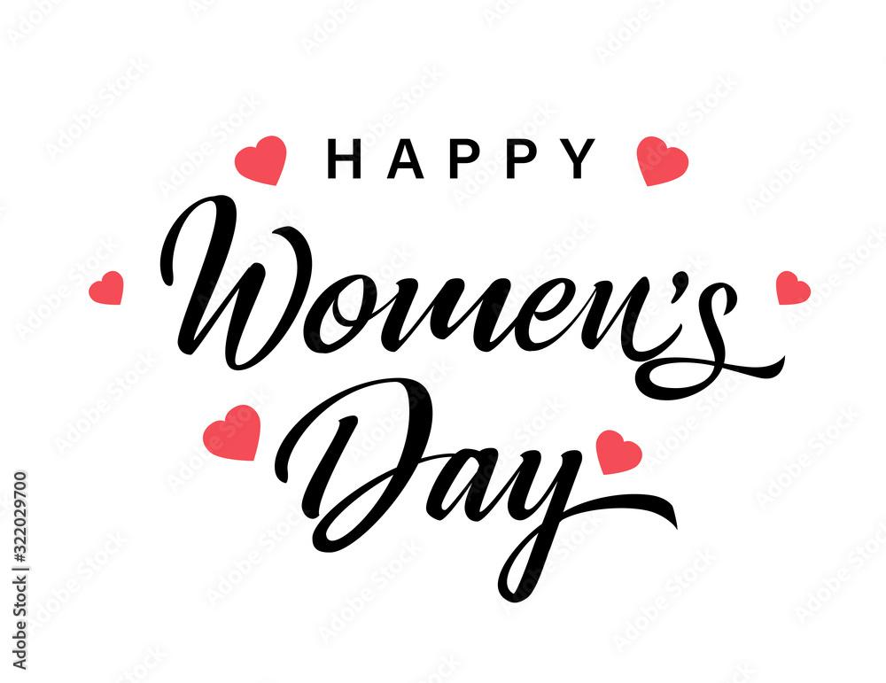 Happy Womens day black lettering banner for 8 march. Women's Day greeting card template with vector pink hearts and calligraphy on white background
