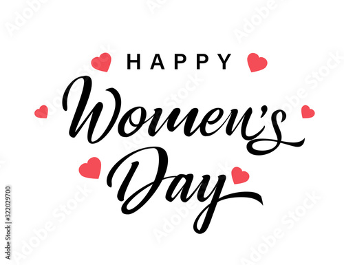Happy Womens day black lettering banner for 8 march. Women's Day greeting card template with vector pink hearts and calligraphy on white background