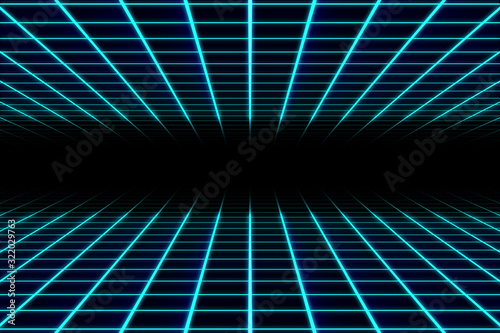 Fototapeta Naklejka Na Ścianę i Meble -  Abstract vintage retro futuristic tunnel with neon light lines. Cyberspace sci fi portal border concept.