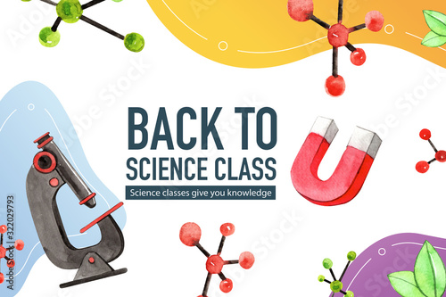 Science frame design with magnet, microscope watercolor illustration.