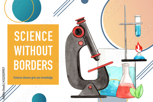 Science frame design with beaker, microscope watercolor illustration.
