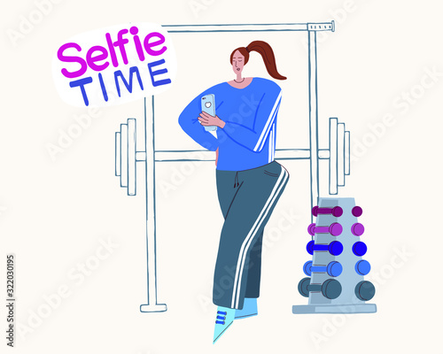 vector illustration of a girl in the gym, on fitness, who wants to lose weight, beautifully photographed, makes a selfie, doing sports