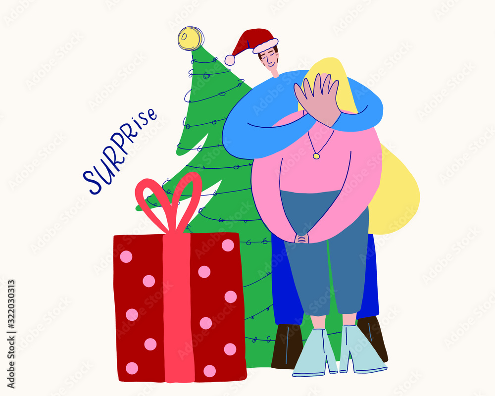 vector illustration, greeting card for a holiday, new year and Christmas, a young family of lovers, a man gives a gift to his woman, a tender relationship, a surprise.