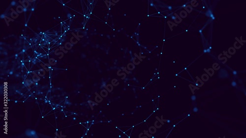 3D rendering. Abstract animated looped background. Traffic in a digital tunnel. Blue vertex points. Plexus effect. Flight in the information space. 4K.