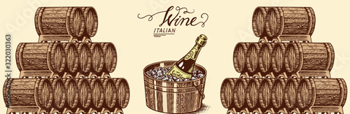Wooden oak barrels of aged wine and champagne. Pyramidal pile of Vessels and kegs, alcohol brandy or whiskey. Vintage Cask for Beverage maturing. Hand Drawn engraved sketch for menu, banner or poster