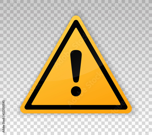 Attention sign. Warning caution board. Black exclamation mark in yellow triangle frame. Precaution message on banner. Alert icon isolated on background. Button to attract attention. Danger symbol 