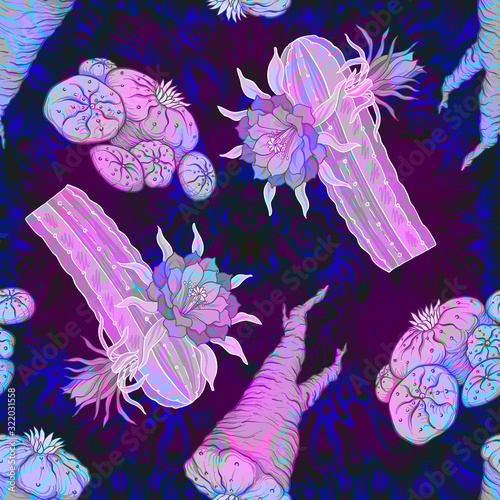 Seamless pattern, background with miraculous, hallucinogenic plants in botanical style in neon colors. Vector illustration