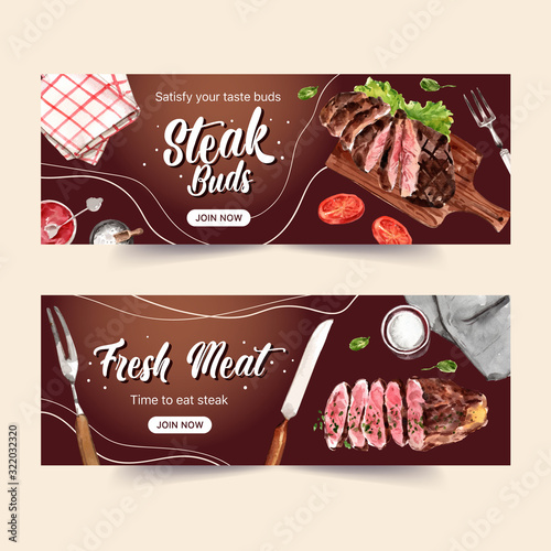 Steak banner design with grilled meat, napkins watercolor illustration.