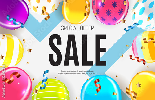 Sale banner with floating balloons. Vector illustration