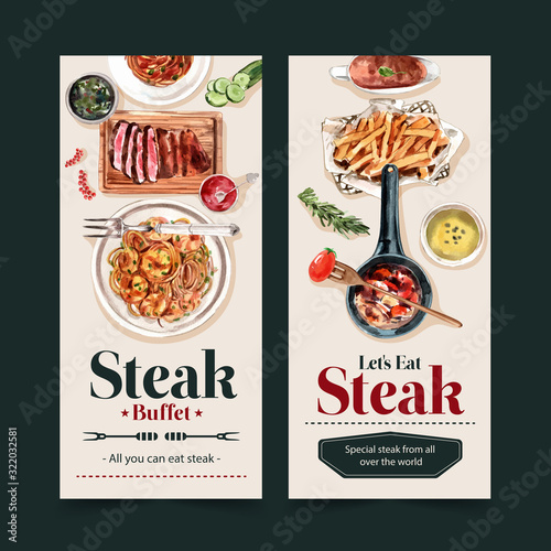 Steak flyer design with spaghetti, steak watercolor illustration.