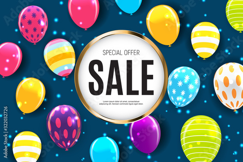 Sale banner with floating balloons. Vector illustration