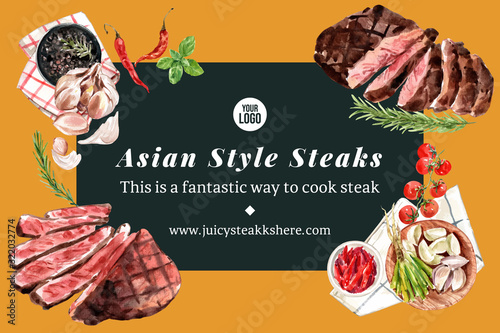 Steak frame design with pepper, chili, steak watercolor illustration.