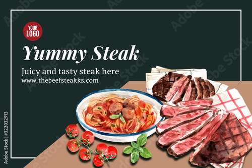 Steak frame design with spaghetti, grilled meat watercolor illustration.