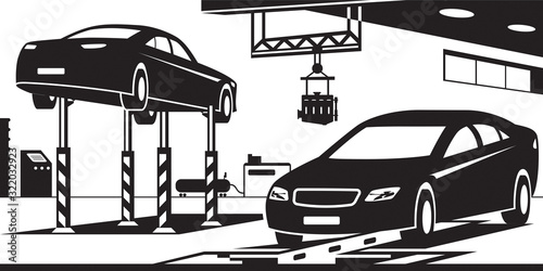 Car service with stand, canal and crane - vector illustration