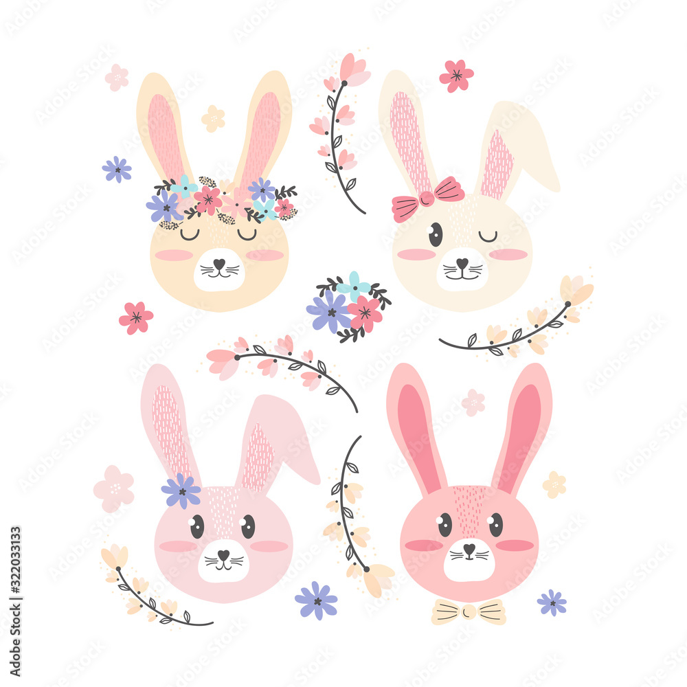 Cute happy Easter pink and yellow bunnies and flowers. Greeting card or banner in Scandinavian hand drawn style. Face close up cartoon character. Little cartoon rabbit. Vector illustration for kids. Cute happy Easter pink and yellow bunnies and flowers. Greeting card or banner in Scandinavian hand drawn style. Face close up cartoon character. Little cartoon rabbit. Vector illustration for kids.