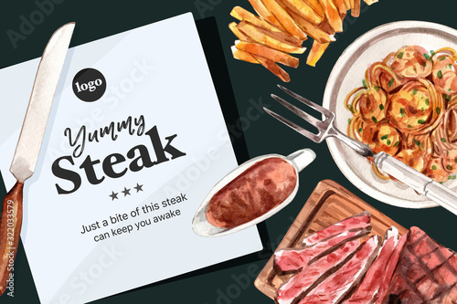 Steak frame design with french fries, steak watercolor illustration.