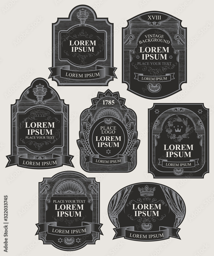 Φωτογραφία Vector set of ornate labels in black and silver colors in retro style