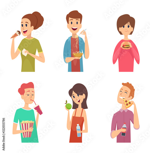 People eating. Healthy food male and female eating and drinking person outside vector characters. Man and woman eating unhealthy food illustration
