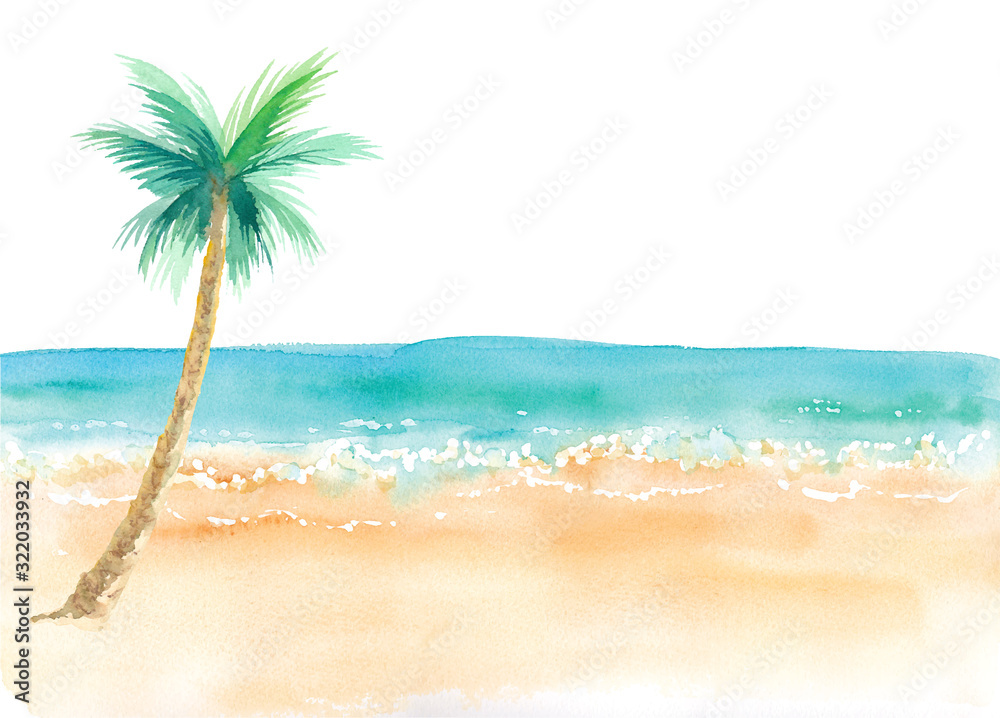 ヤシの木のあるビーチ風景 水平線 水彩イラストのトレースベクター レイアウト変更可能 Stock Vector Adobe Stock