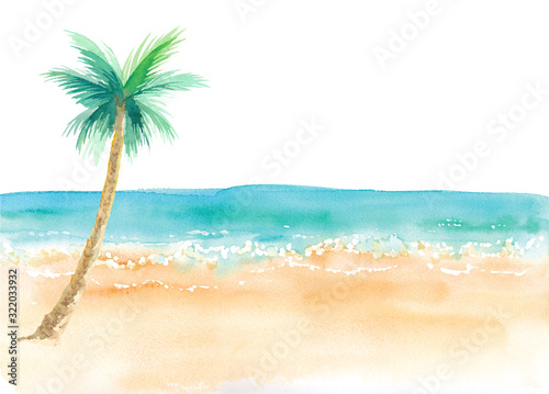 ヤシの木のあるビーチ風景、水平線、水彩イラストのトレースベクター（レイアウト変更可能）